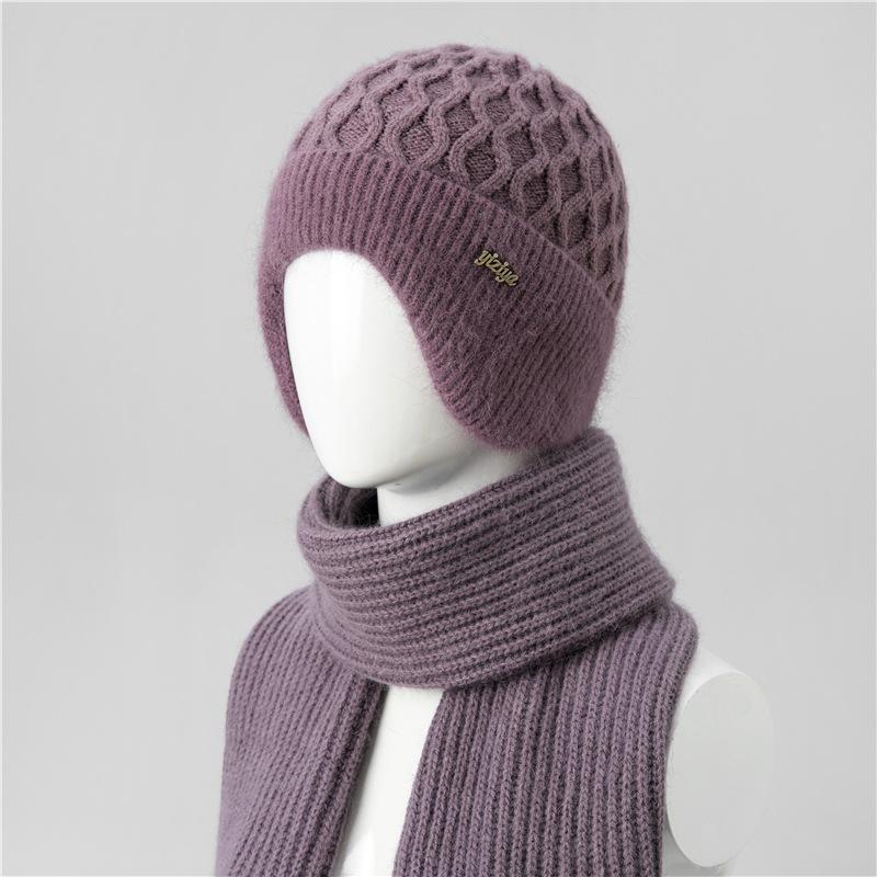 Ji Middle-Aged And Elderly Women'S Basin Hat Grandma Knitted Wool Hat Old Man Hat Rabbit Fur Flower Mother Hat Scarf