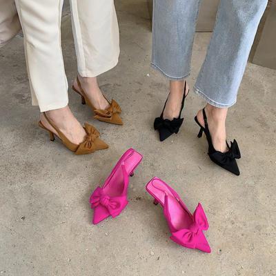 Women's Korean-Style Summer High Heel Sandals with Bowknot, Pointed Toe, Shallow Mouth, Back Strap, and Stiletto Heels