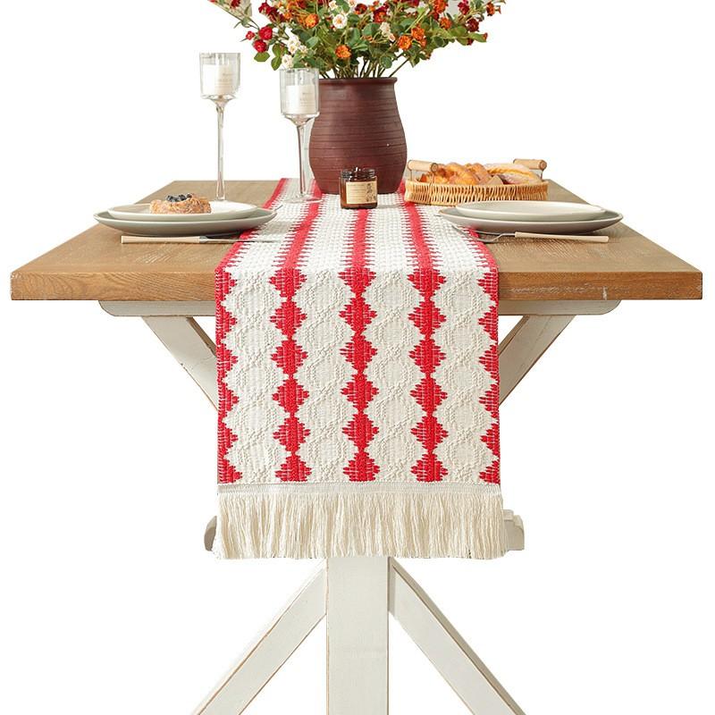 Cotton Linen Table Runner With Striped Patchwork Design Tassel Trim Modern Minimalist Long Cover Dining Room