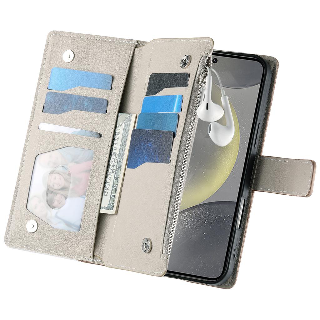 Pro pouzdro Samsung Galaxy S25 FE Kožená vyklápěcí peněženka na zip s barevným prošíváním a popruhy