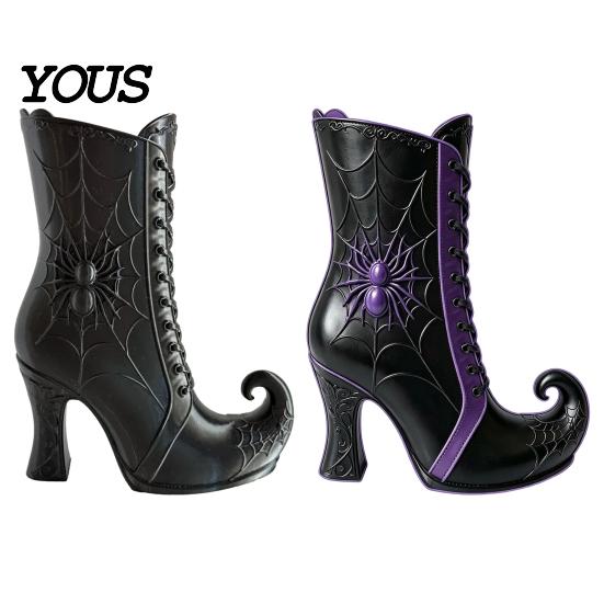Halloween Themed Floral Display Vessel Witch Boot Vase, Gothic Spider Web Flower Black Decorative Vase with Purple Accents Table