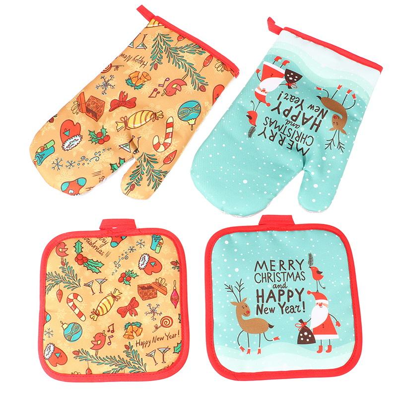 1Set Christmas Oven Gloves Pot Holders Set Santa Claus Snowflake Candy Pattern Insulated Oven Mitts Home Kitchen Christmas Decor
