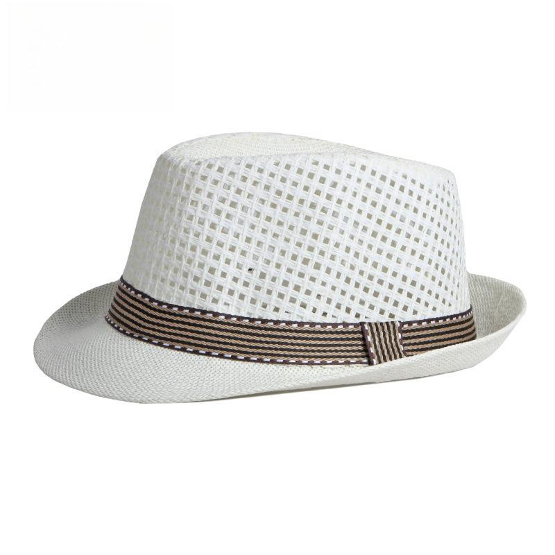 Unisex Summer Straw Fedora Hat Hollow Out Mesh Crown Panama Trilby Cap Striped Band Sun Protection Beach Travel Jazz Hat