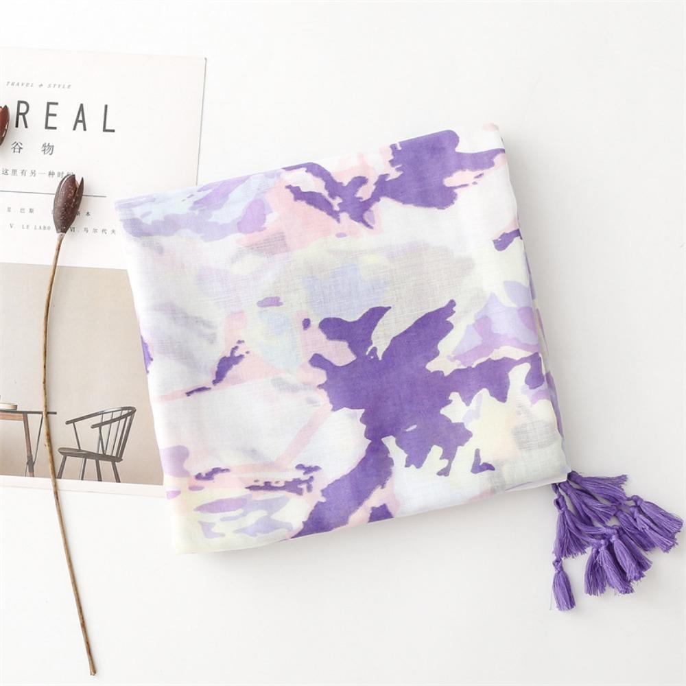 Korean Tassel Viscose Shawl Scarf Wash Painting Style Women Hijab Shawls Soft Thin Scarf  Beach