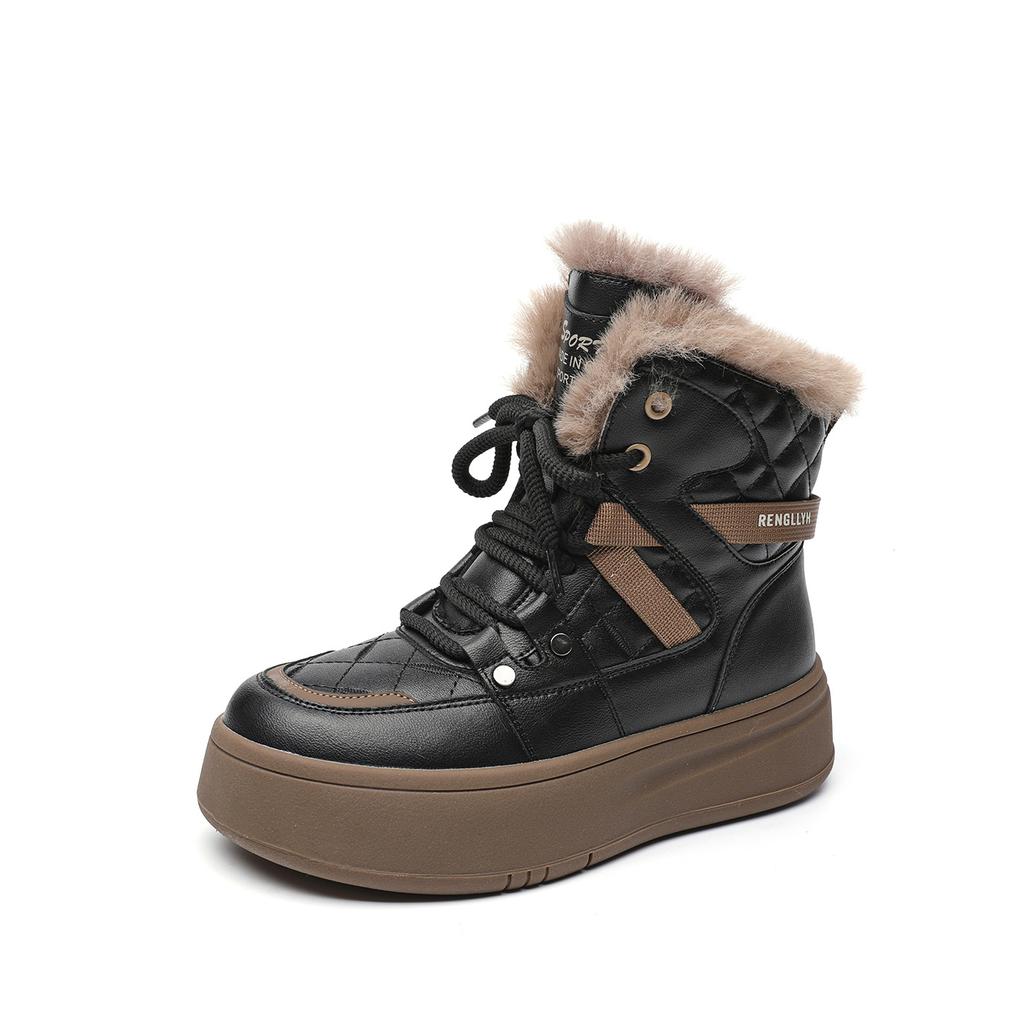 Damen Winterstiefeletten mit dicker Plateausohle, rutschfeste Stiefeletten mit Schnürung, Kunstfellfutter, Wanderschuhe, warme, bequeme, flauschige Kurzstiefel für Damen