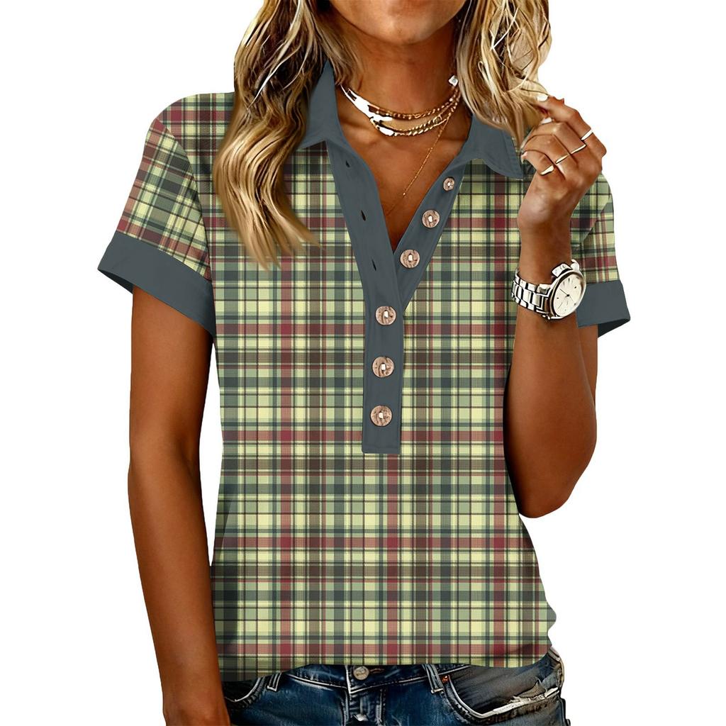 Damen modisches und lässiges Sommer V-Ausschnitt Patchwork Kurzarm Karoprint Top