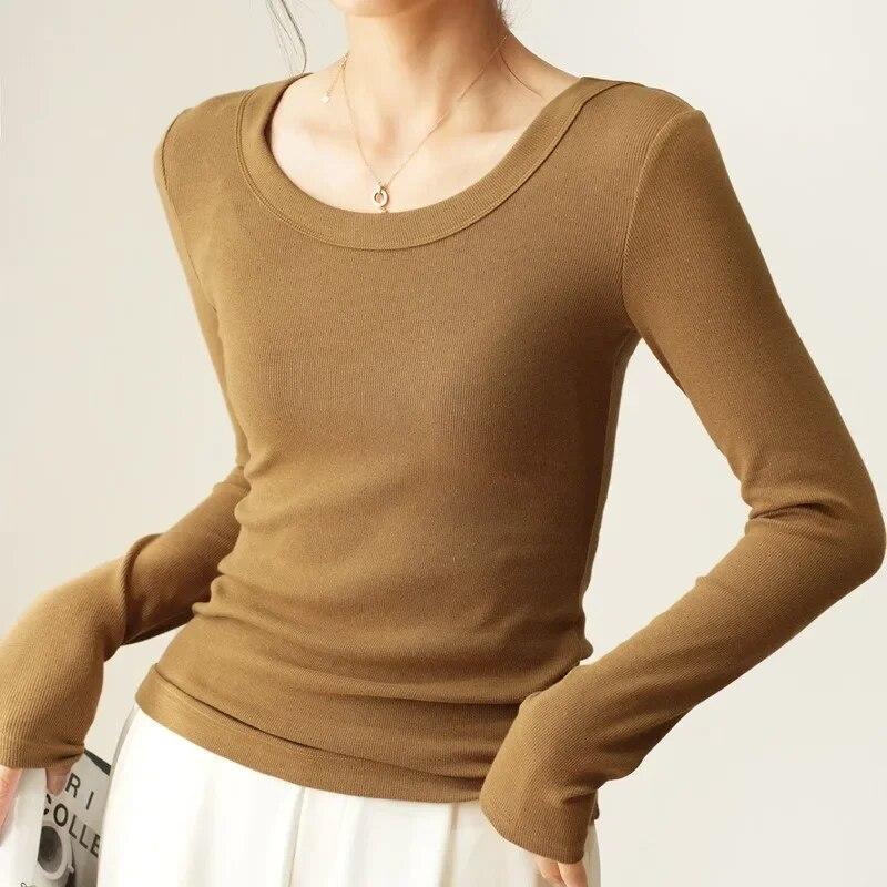 Fashion U-neck Pure Cotton Bottom T-shirt Women Tops Long Sleeve Loose Slim Womens T Shirt Autumn Solid Lady Casual Tees 30530