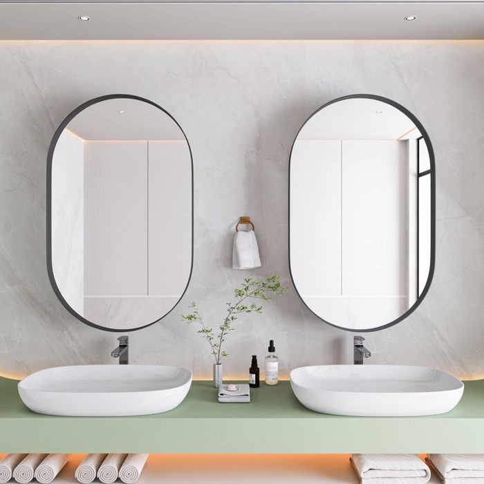 Eleganter ovaler Spiegel, integrierter Spiegelschrank, Wandmontageschrank mit Metallrahmen, schwarz