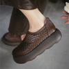 Johnature Retro Hollow-out Breathable Woven Genuine Leather Thick Soled Sandals Simple Women's Platform Shoes