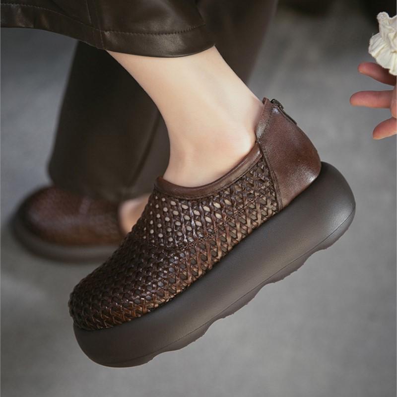 Johnature Retro Hollow-out Breathable Woven Genuine Leather Thick Soled Sandals Simple Women's Platform Shoes