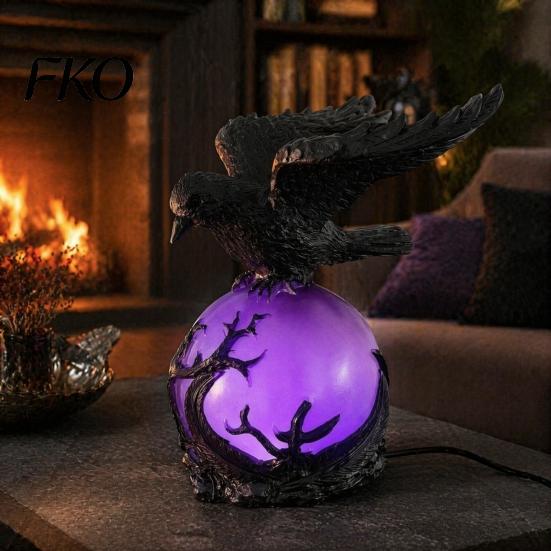Decorative Resin Light Gothic Raven LED Ball Lamp, Mysterious Crow On Orb Sculpture, Perched Figurine Halloween Table Lamp for Bedside Bedroom Living