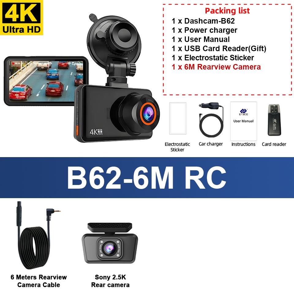 E-ACE Dash Cam 4K+2.5K Doppio Canale Car Dvr Supporto WIFI GPS Visualizzazione Velocità Parcheggio 24h Registrazione Ciclica Visione Notturna Scatola Nera