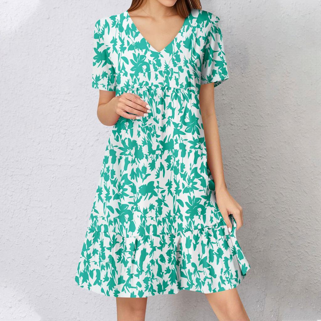 Womens Summer Dress Short Sleeve V Neck Short Dresses Fashion Casual Flowy Boho Ruffle A Line Swing Sundress