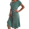 O-Neck Short Sleeve High-Waist Lace-Up Midi Dress Simple Floral Print Pleated Hem