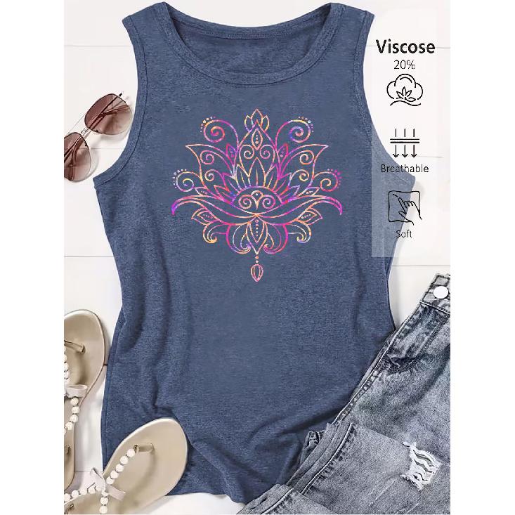 Elegant Vest for Women Colorful Lotus Mandala Print Casual Loose Summer Vest Fashionable and elegant tops for commuting, vacation, and everyday wear,