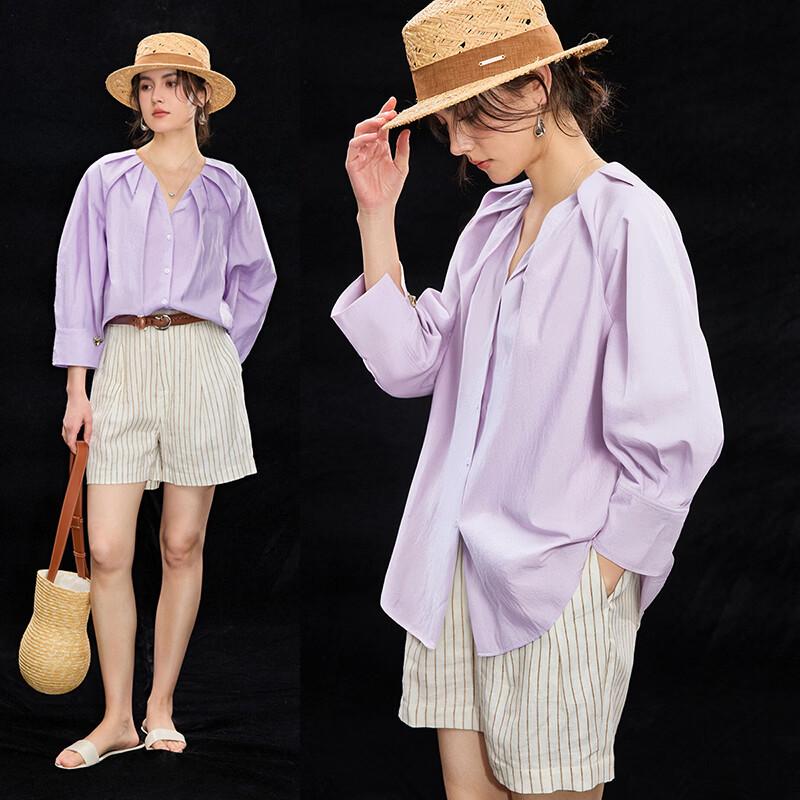 Wudao Women s V-Neck Pleated Seven-Sleeve Loose Fit Shirt S