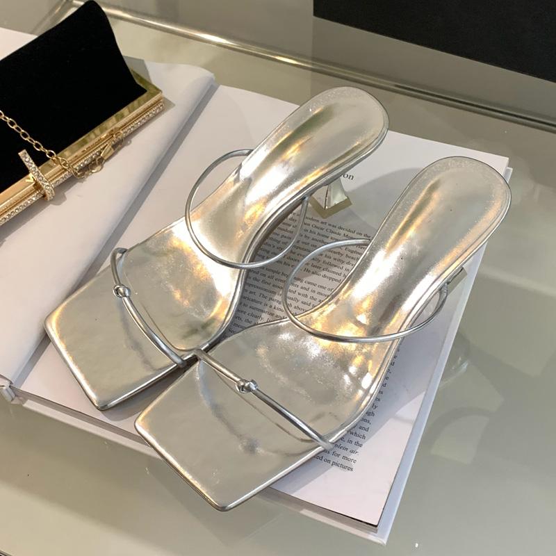 Fashion SUOJIALUN 2025 Summer Women Slipper Fashon Narrow Band Ladies Elegant Dress Sandal Shoes Thin Med Heel Square Toe Slides Shoes
