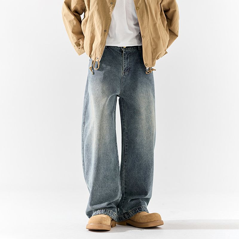 51 Hip-Hop Fleece-Lined Jeans for Men, Winter American Style Trendy Brand, Vintage Tie-Dye, Loose, Thickened, Scimitar Wide-Leg Long Pants