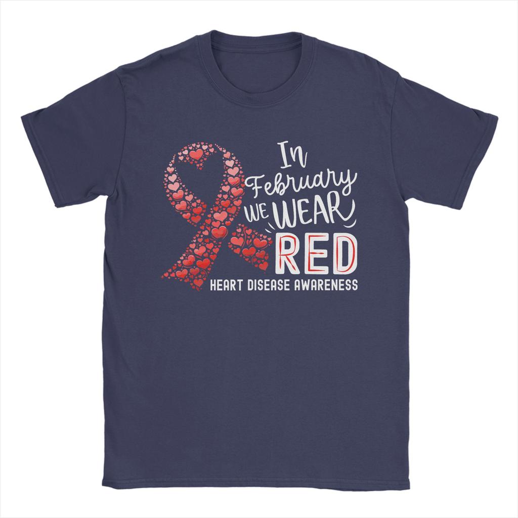 Unisexs In February We Wear Red Heart Disease Awareness Month Ribbon T Shirts  Pure Cotton Clothing Awesome Round Collar Tee Shirt