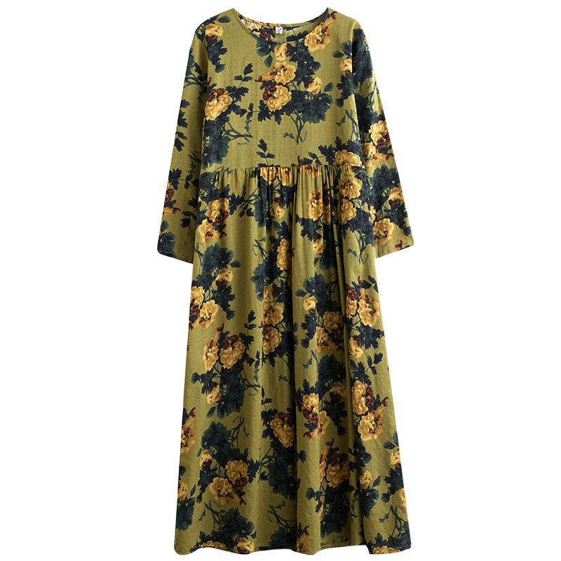 Abito Artistico Retro in Cotone e Lino Autunno Inizio Stile Vacanza Lento Turistico Girocollo Lunghezza Media per Donne Vestiti