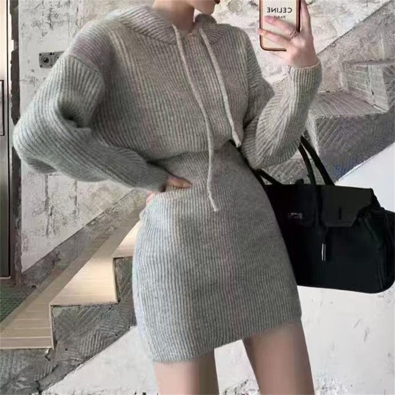 Korean Style 2025 Autumn/Winter Hooded Knit Sweater Dress - Women's Fashion Slimming Trend