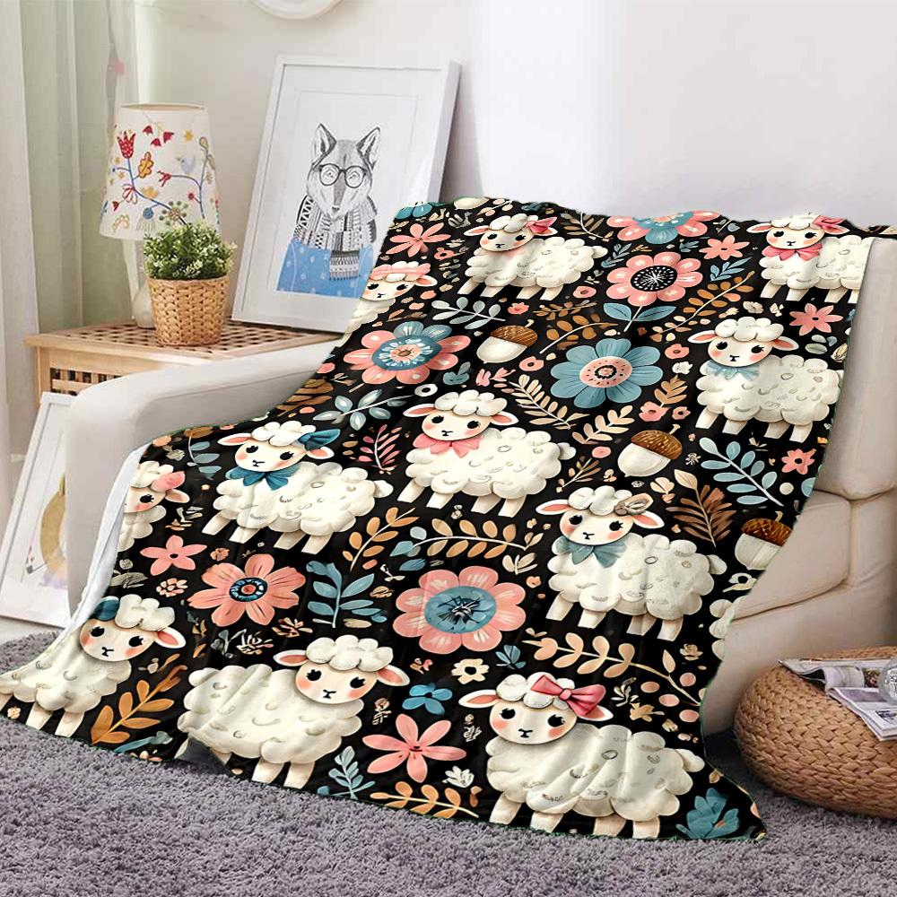 1pc Sheep Flowers Lightweight Flannel Blanket, Comfortable and Warm Blanket, for Office and Camping Sofa Bed184