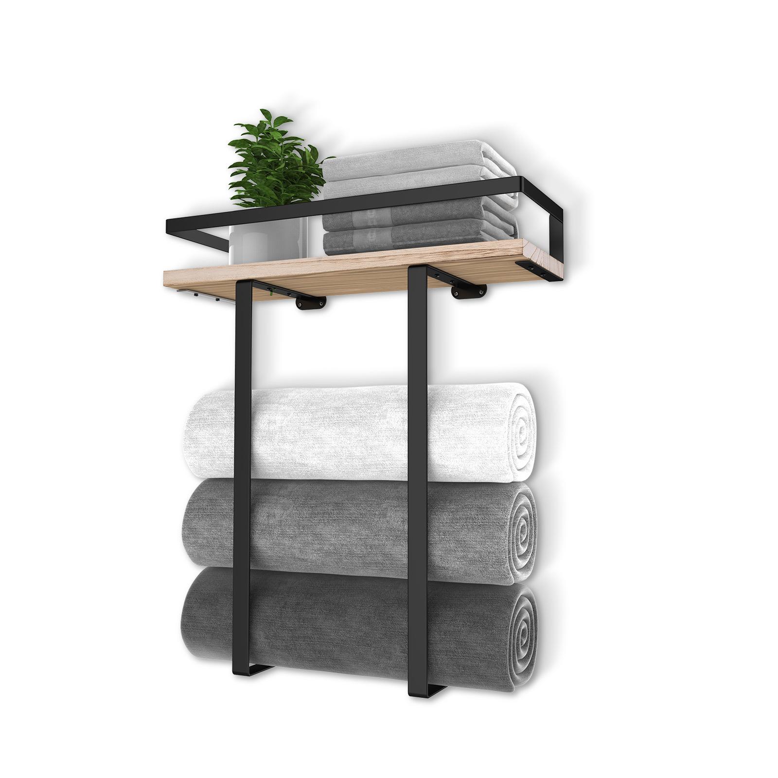 Wrought iron and wooden bathroom towel rack, wall-mounted towel storage and organiser for the toilet