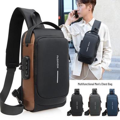 Borsa a tracolla multifunzionale da uomo con lucchetto antifurto - Borsa versatile da petto e da spalla con texture moderna.