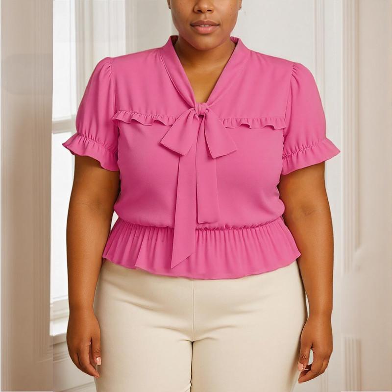

Женская блузка оверсайз с бантом на шее, с короткими рукавами, оборками и эластичной талией, повседневная 5XL темно-розовый