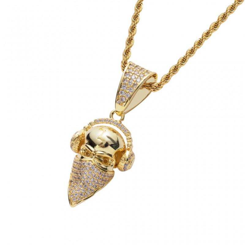 Hip Hop Pendant Necklace With Masked DJ Head Charm Tone Micro-Set Copper Chain 60cm Stainless Steel Twisted Link