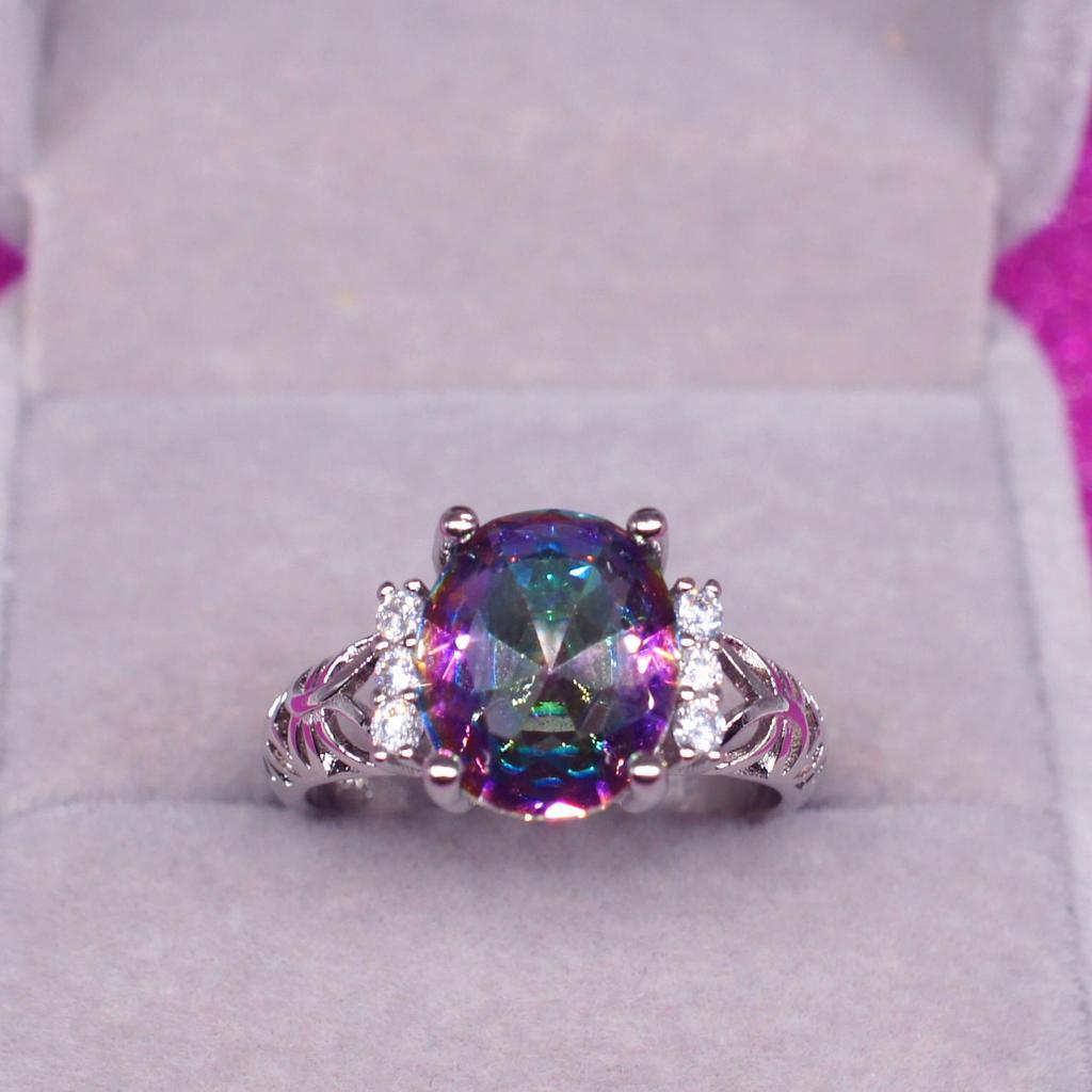 Zhenrong Rainbow Gemstone Ring: European & American Style, 7-Color Stone, 925 Silver-Plated Women's Jewelry