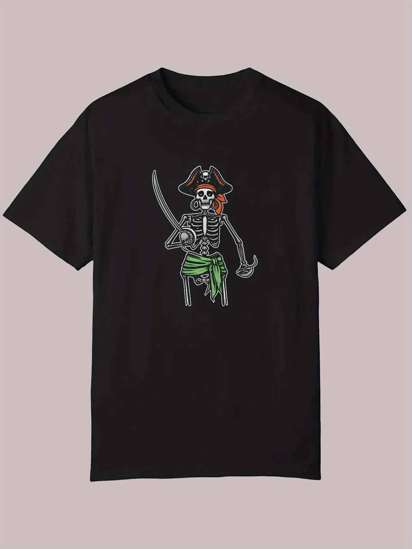Casual Summer Graphic T-shirt - Black Polyester Crew Neck with Skeleton Pirate Design XXL