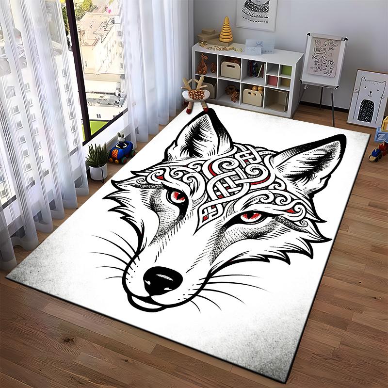 Wolf Head Carpet with Red Eyes and Intricate Tribal Design, Nordic Style Suitable for Use As an Anti-slip for Living Room Bedroom Sofas