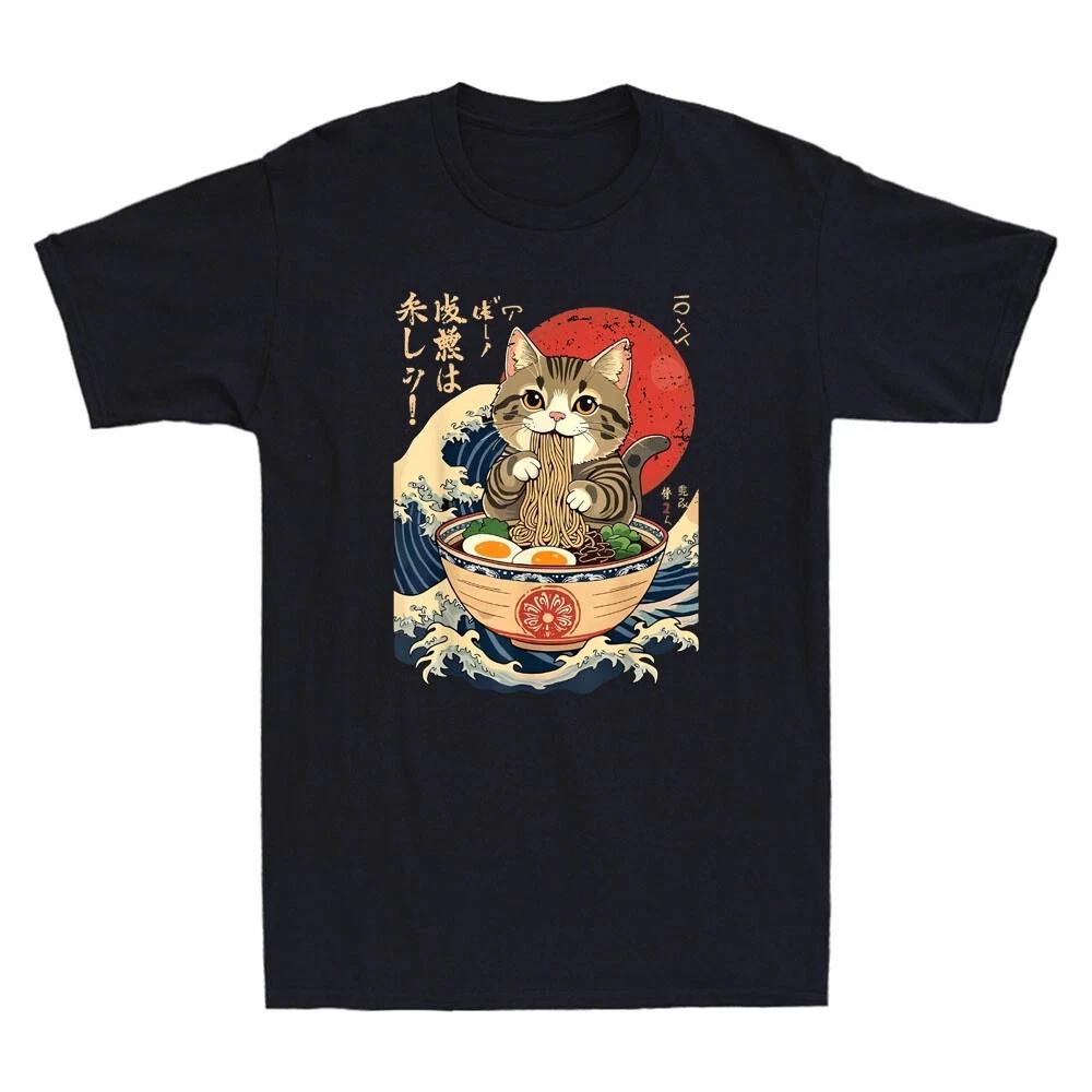 Cat Eating Ramen Noodles Funny Japanese Anime Manga Cat Graphic Men s T- Shirt L