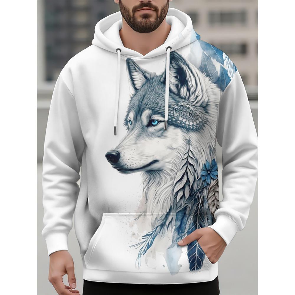 Men's Hooded Fashion Animal Wolf 3D Print Hoodies Top Spring Autumn Fashion Casual Long Sleeved Pullover Oversized Sweatshirts