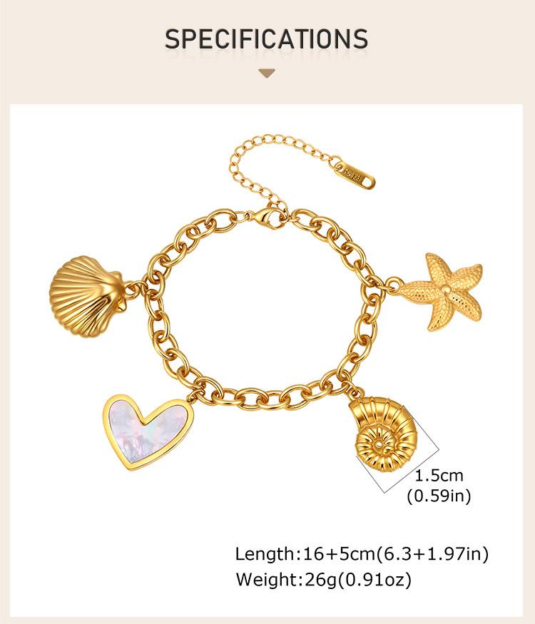 Shell Starfish Conch Charms Bracelet for Women,18k Gold Plated Stainless Steel Summer Beach Waterproof Jewelry