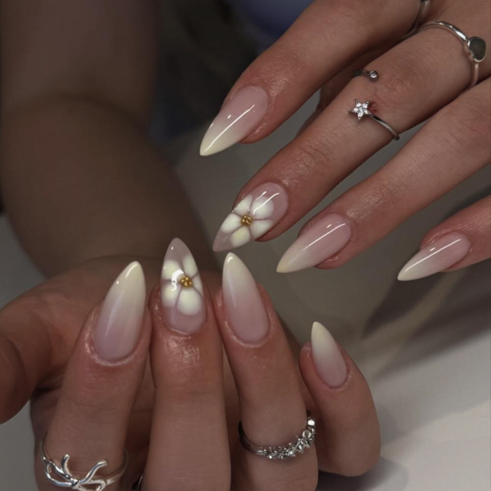 24pcs Manicure Long Almond False Nails Aurora Flower White Edge Press On Nails Detachable French Nail Tips DIY