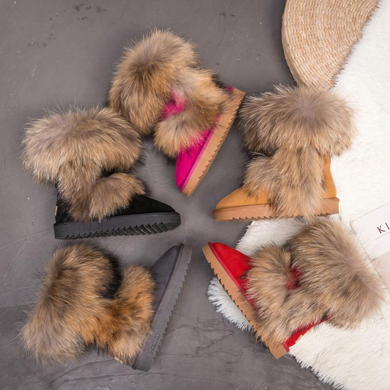 Fashion 2025 All-Match Natural Fox Fur Snow Boots Real Suede Leather Shoes Mid-Calf Knee-High Boots Raccoon Fur Warm Women'S Flat Boots