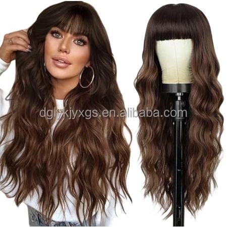 Hot Sales 26Inch Brown Mixed Blonde Wigs with Bangs for Women Wavy Curly Hair Heat Resistant Synthetic Fiber Wigs Women Hair