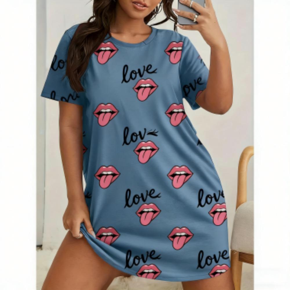 Sexy Lips Print For Women Short Sleeve Sleepwear Dresses Loose Casual Fit Tee Nightwear Home Clothes Nightie Loungewear Dresses