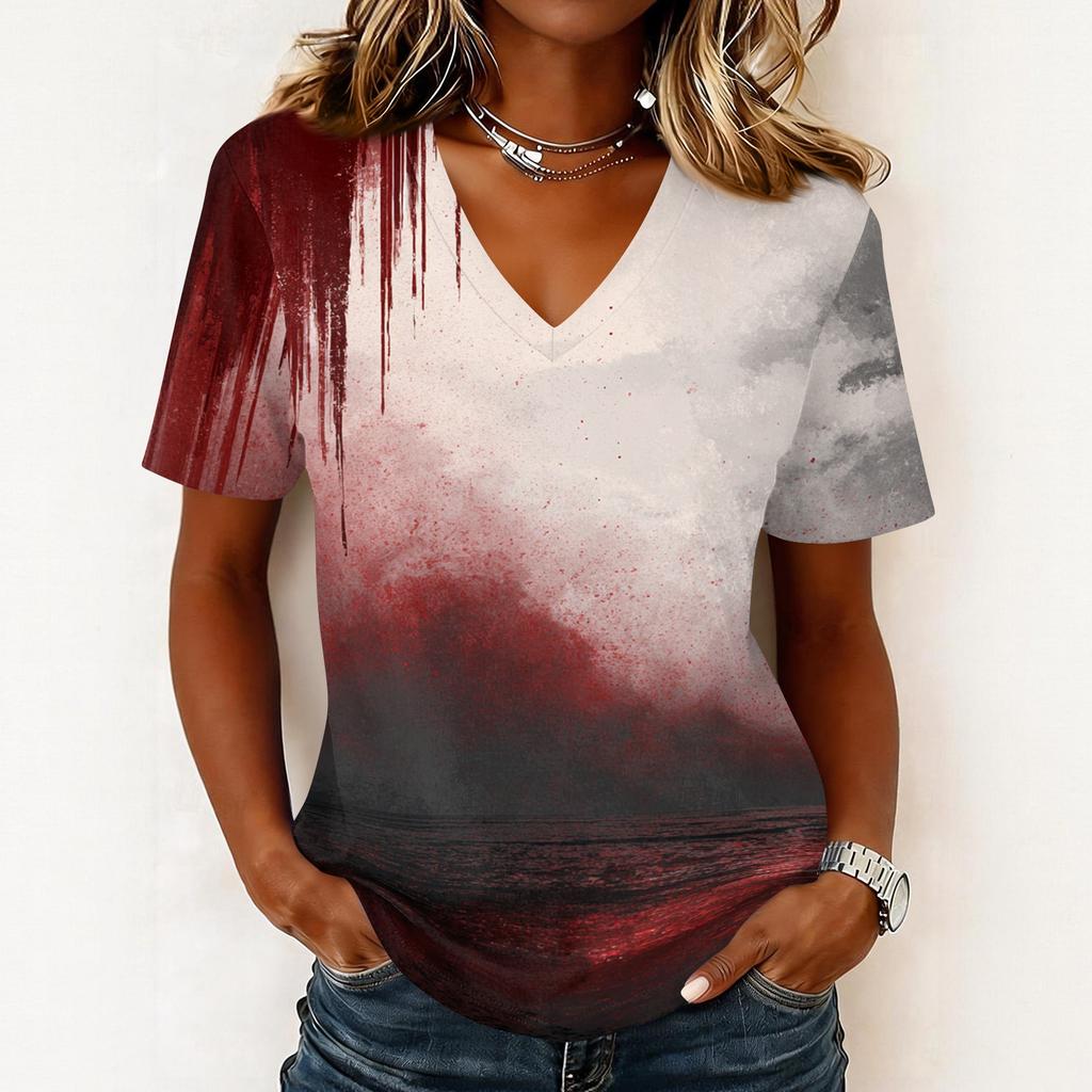 Haut pull décontracté pour femme à col en V, manches courtes, imprimé graphique Halloween, coupe ample, t-shirt léger pour un usage quotidien