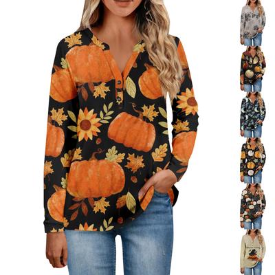 Women's Button Neck Tops Women's Casual Everyday Tops Long Sleeve V Neck Fashion Print Shirt Tops Pocket Tee Sweatshirts