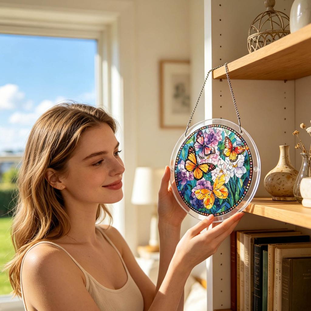 Acrylic Sun Catcher Round Hanging Panel Butterfly Floral Pattern Stained Glass Style Window Decor Ornament for Indoor Outdoor Spaces