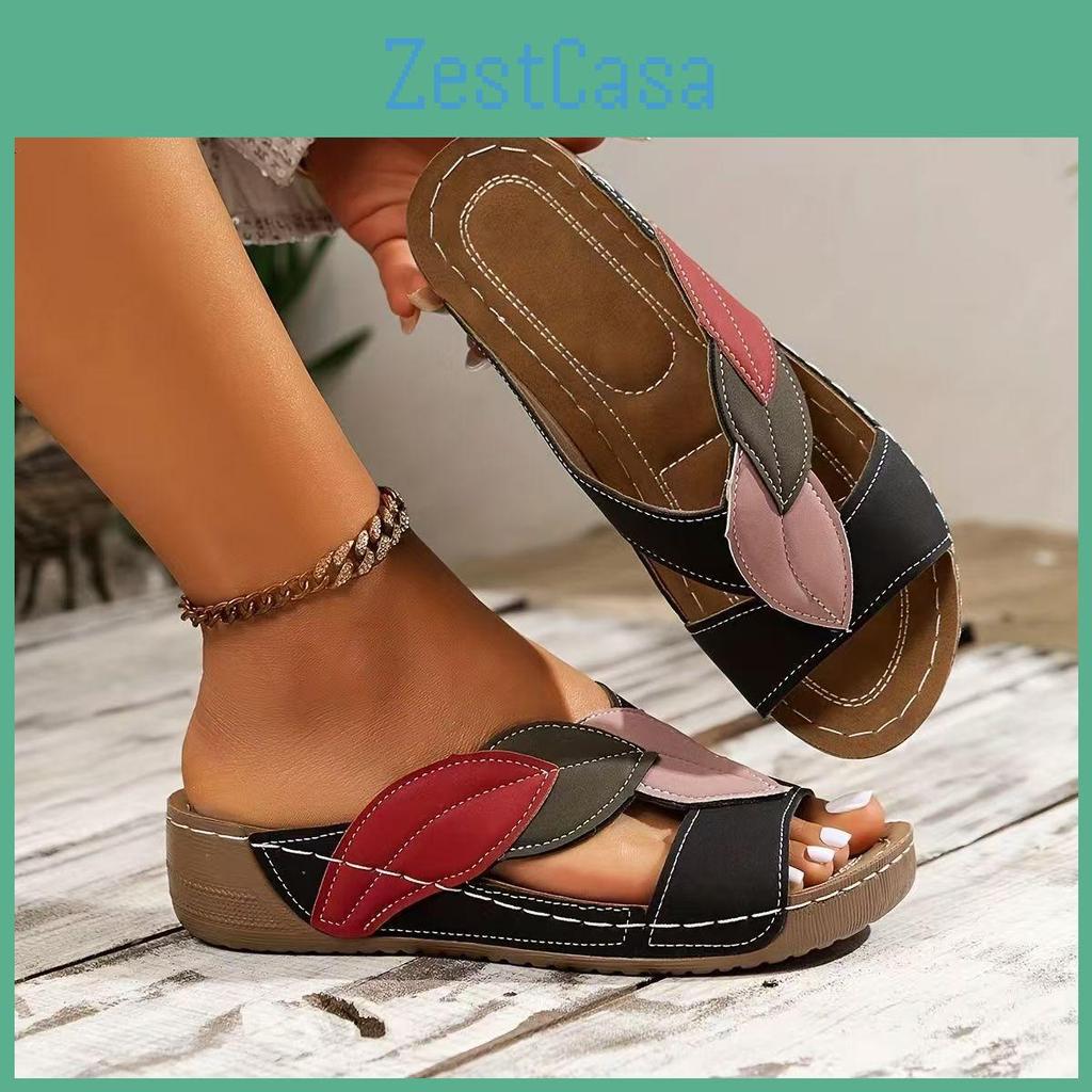 Pair Of Womens Fashionable A Leafpatterned Slippers Opentoe Fake Flat Heeled Slipon Shoes Hand Washable With Fake Liners And Insoles