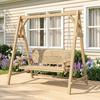 2 Seater Garden Swing Seat, Wooden Swing Chair Bench with Cup Holders for Outdoor Porch Patio, Natural