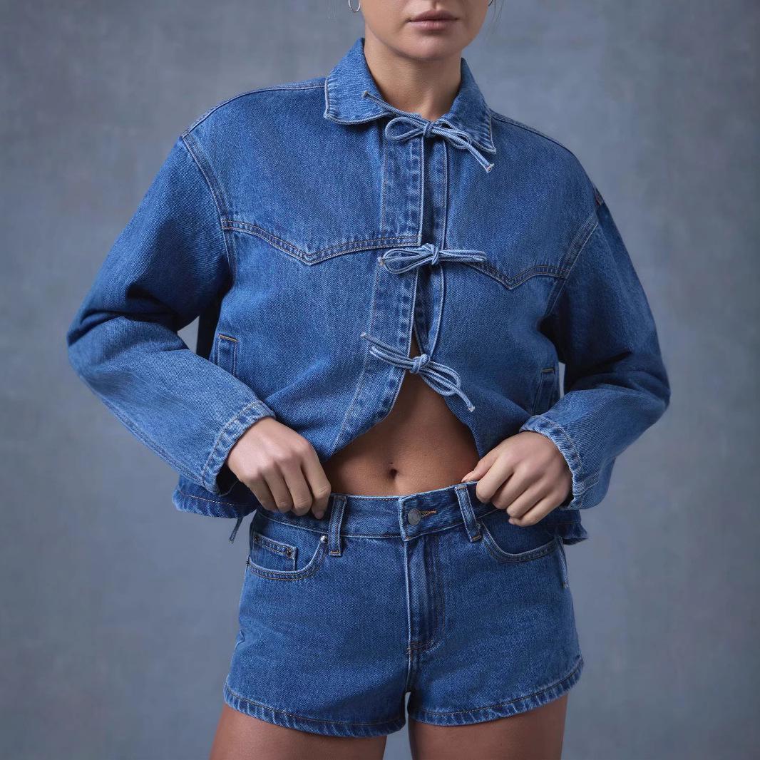 

Европейская и американская повседневная женская джинсовая куртка с завязками Extra Large синий