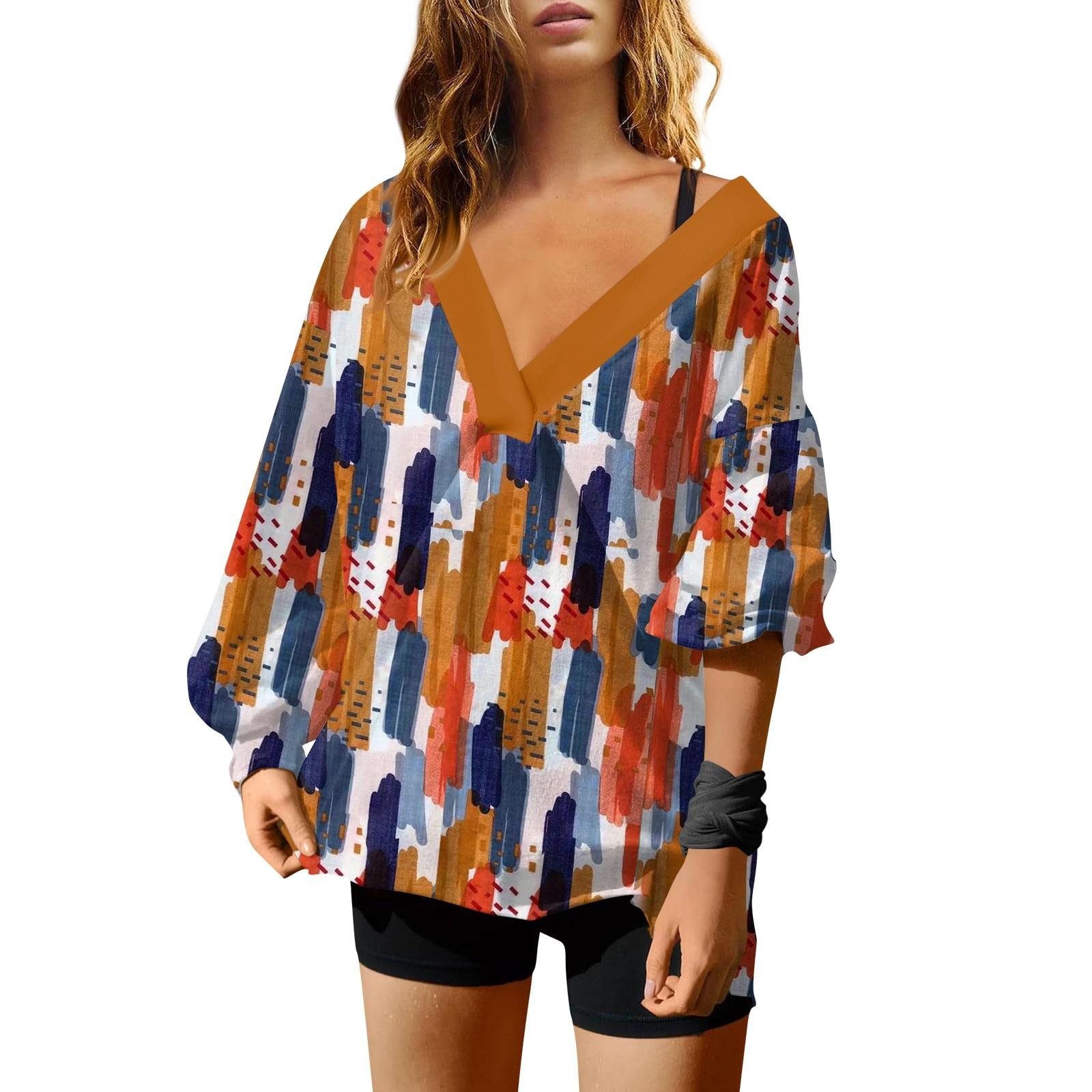 Женская мода V-образный вырез длинный рукав принтованный свободный пуловер свитшот топ — фото 15