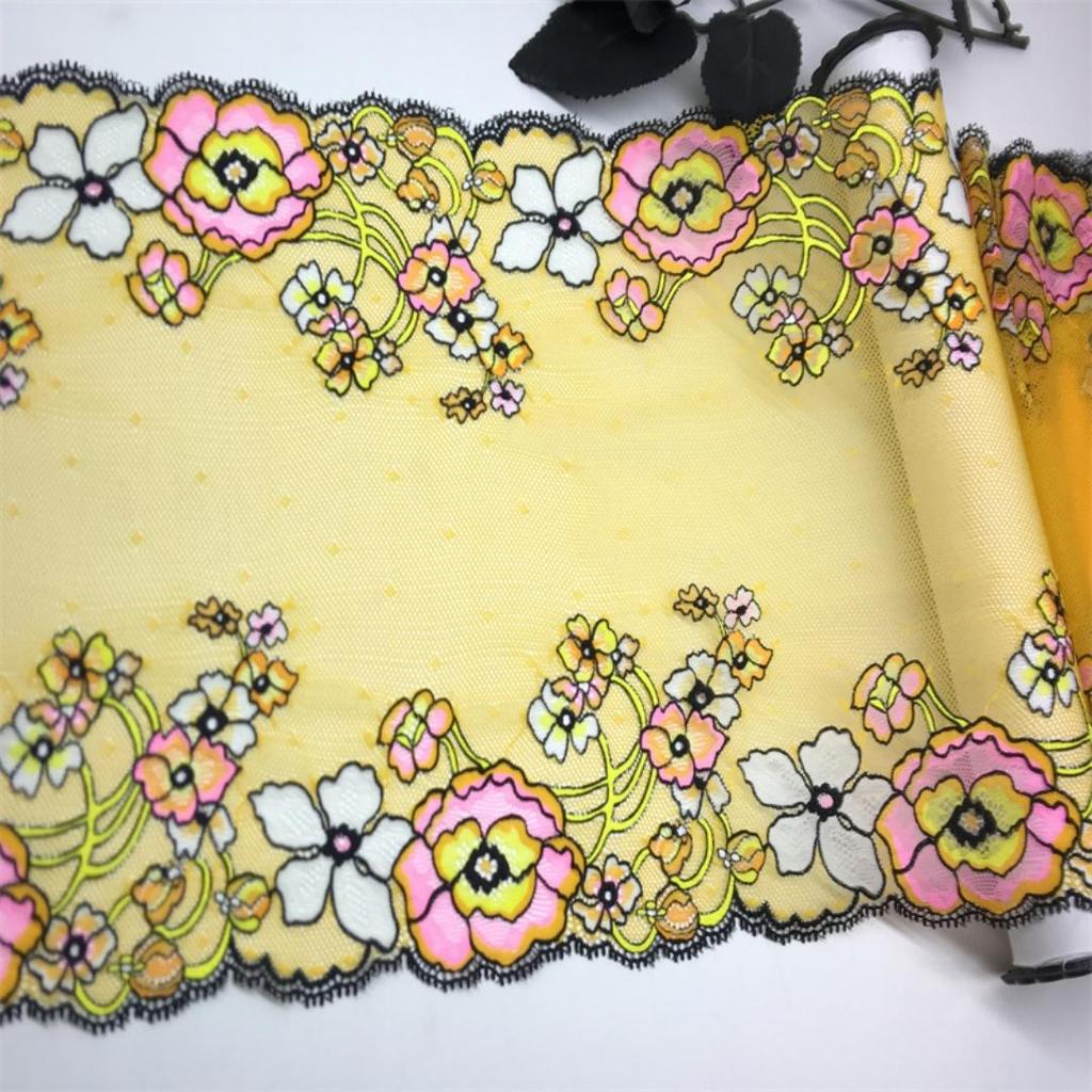 23cm wide Elastic Lace, Multicolor floral Stretch Spandex Lace with Yellow Mesh for Lingerie, Bra, Underwear, Sewing & Crafting