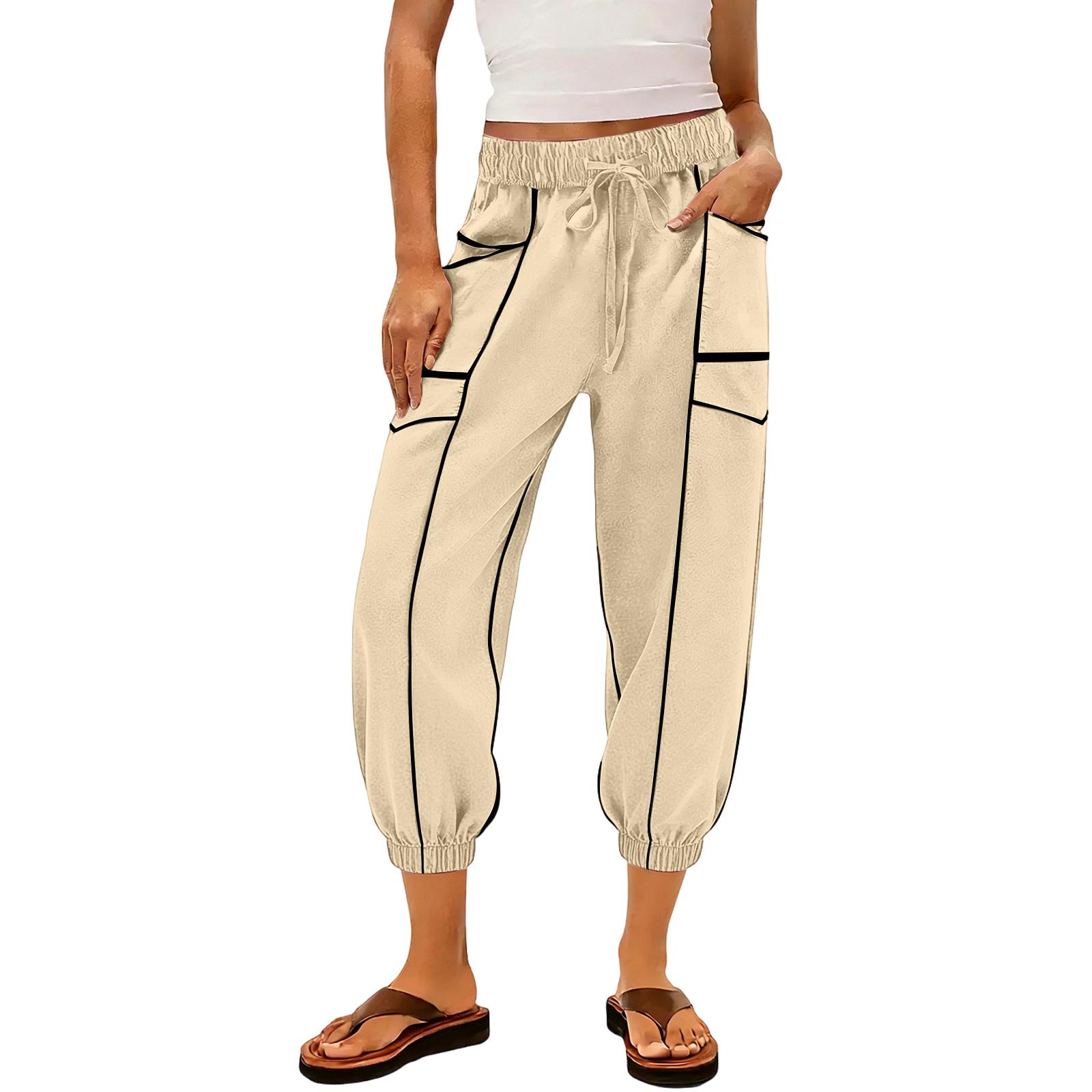 

Women’s Relaxed Fit Elastic Waist Cargo Jogger Pants with Pockets and Drawstring Ankle Cuffs for Casual Everyday Wear XXL бежевый
