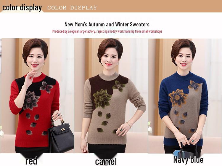 Women's Plus Size Knit Sweater - Velvet Thickened Base Layer for Middle-Aged & Elderly, Autumn/Winter Loose Fit.